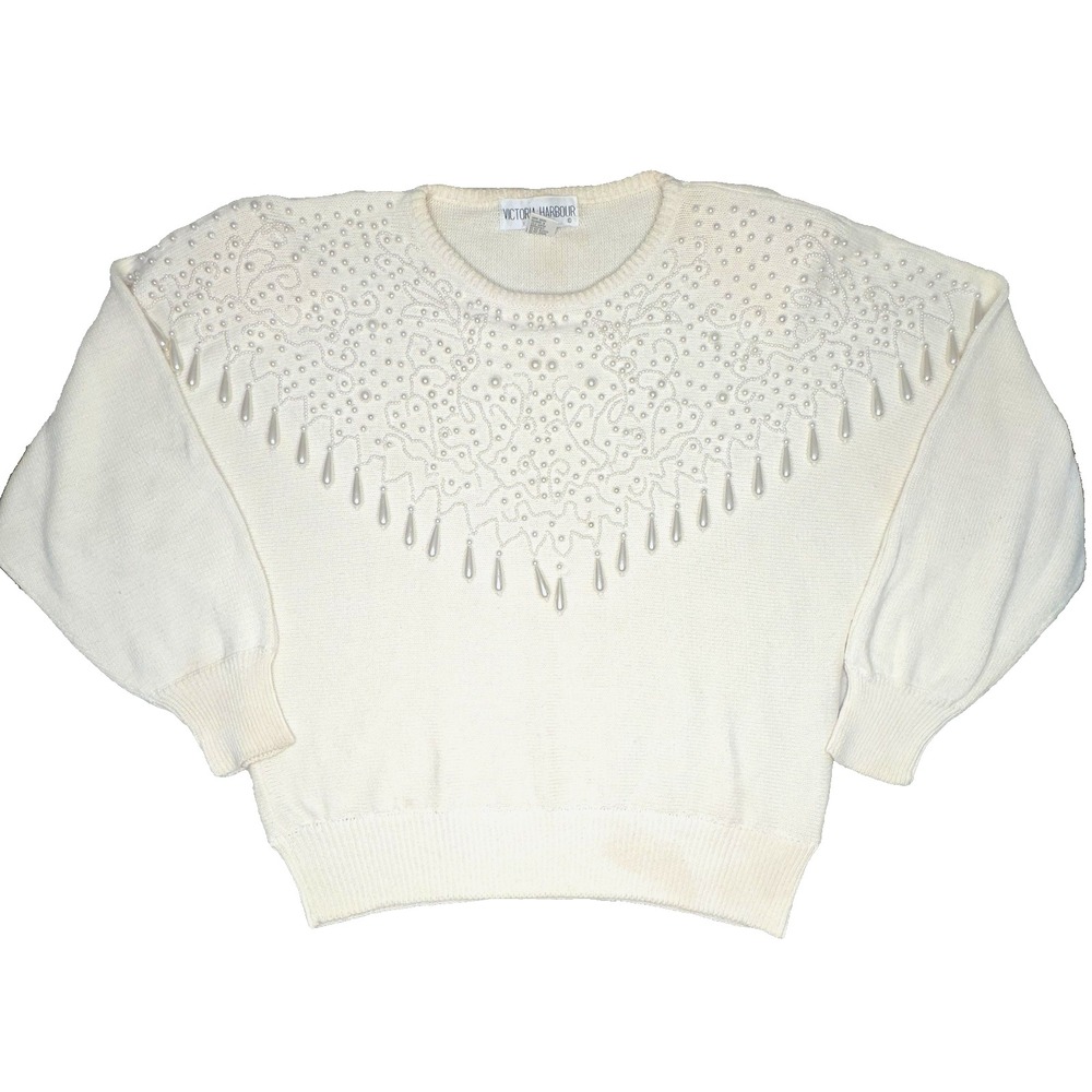 Vintage Victoria Harbour Sweater Womens Sz M Ivory Beaded 80s Ramie Cotton Glam